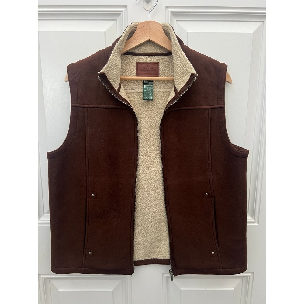 Lauren Ralph Lauren Faux Suede Sherpa Lined Vest Brown Full Zip Womens Medium